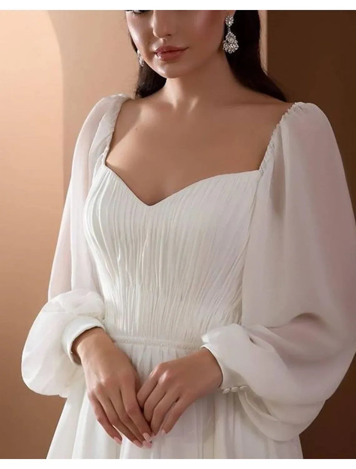 Off The Shoulder Puff Long Sleeve Chiffon A Line Wedding Dress V Back Flowy Chapel Train