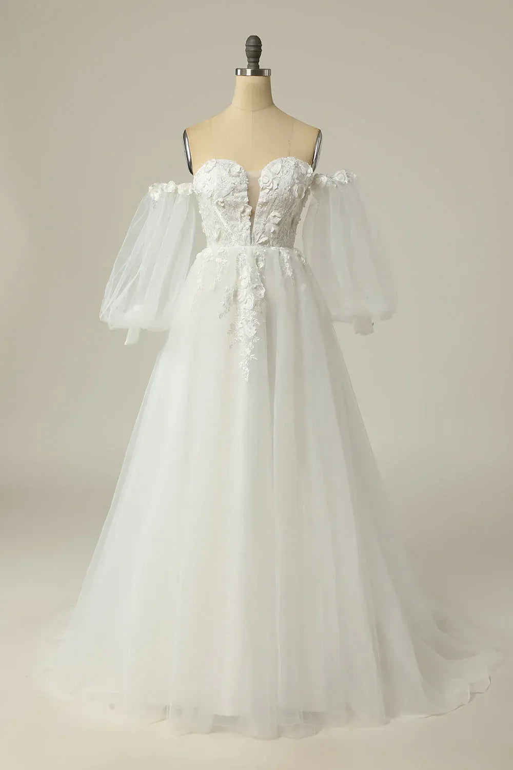 Off The Shoulder Puff Sleeve Deep V 3D Floral Lace Tulle A-Line Wedding Dress With Train