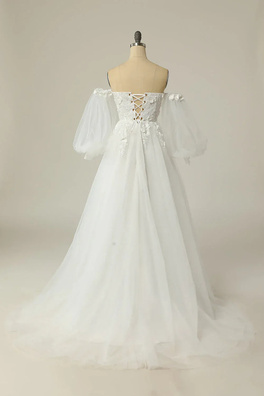 Off The Shoulder Puff Sleeve Deep V 3D Floral Lace Tulle A-Line Wedding Dress With Train