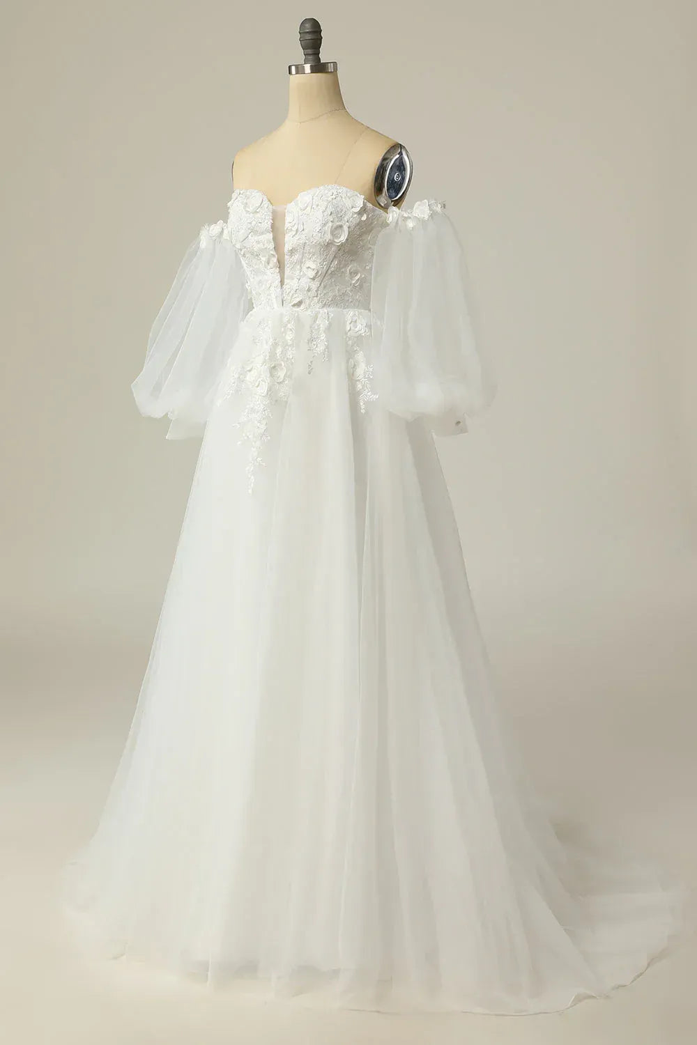Off The Shoulder Puff Sleeve Deep V 3D Floral Lace Tulle A-Line Wedding Dress With Train