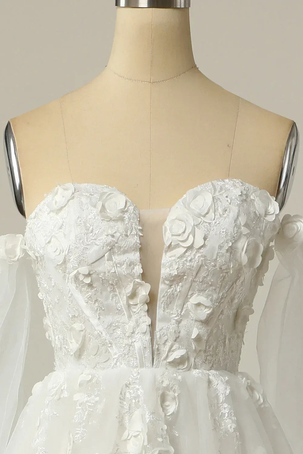 Off The Shoulder Puff Sleeve Deep V 3D Floral Lace Tulle A-Line Wedding Dress With Train