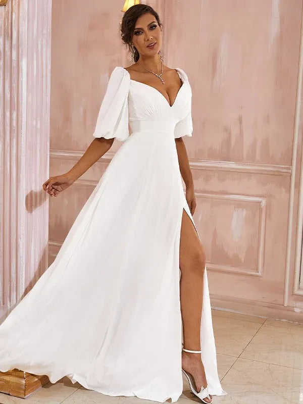 Off‑The‑Shoulder Puffed‑Short‑Sleeve Chiffon A‑Line Wedding Dress With High‑Slit & V‑Back Detail