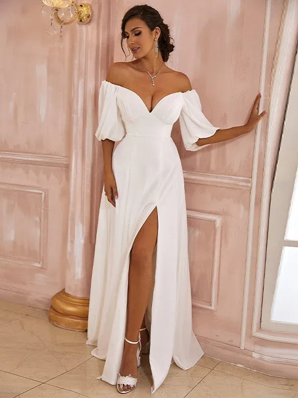 Off‑The‑Shoulder Puffed‑Short‑Sleeve Chiffon A‑Line Wedding Dress With High‑Slit & V‑Back Detail