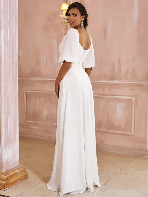 Off‑The‑Shoulder Puffed‑Short‑Sleeve Chiffon A‑Line Wedding Dress With High‑Slit & V‑Back Detail