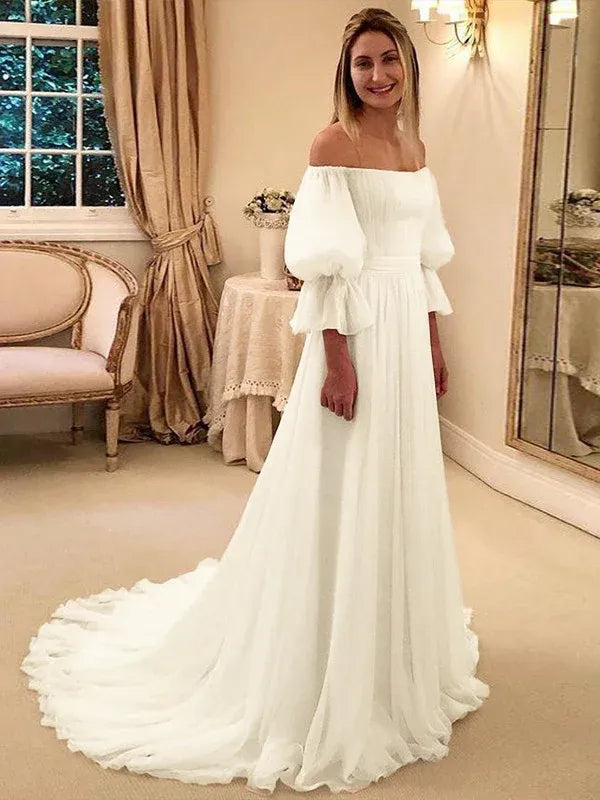 Off‑The‑Shoulder Puffed‑Three‑Quarter‑Sleeve Chiffon A‑Line Wedding Dress With Ruffled‑Hem Sweep Train