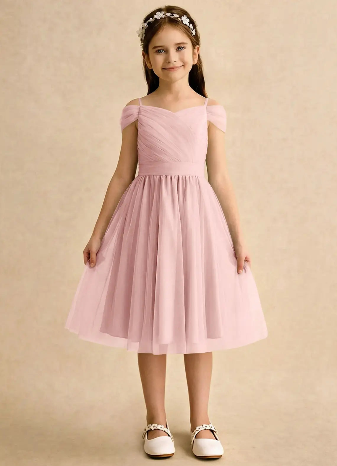 Off The Shoulder Ruched Blush Tulle Knee-Length Flower Girl Dresses