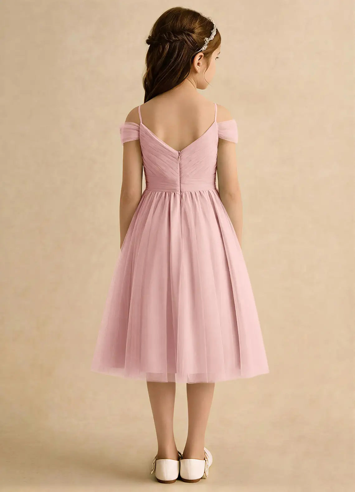 Off The Shoulder Ruched Blush Tulle Knee-Length Flower Girl Dresses