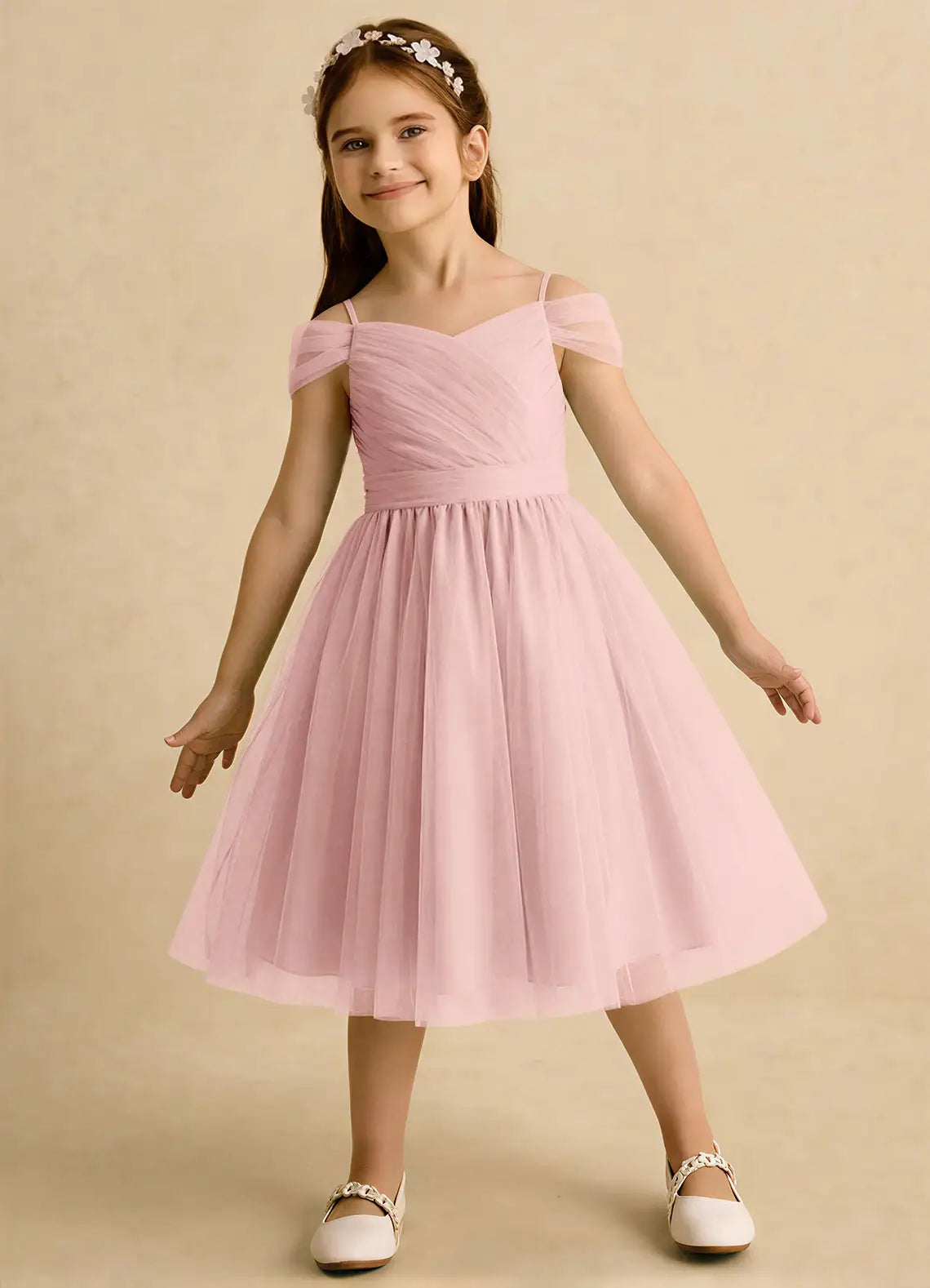 Off The Shoulder Ruched Blush Tulle Knee-Length Flower Girl Dresses