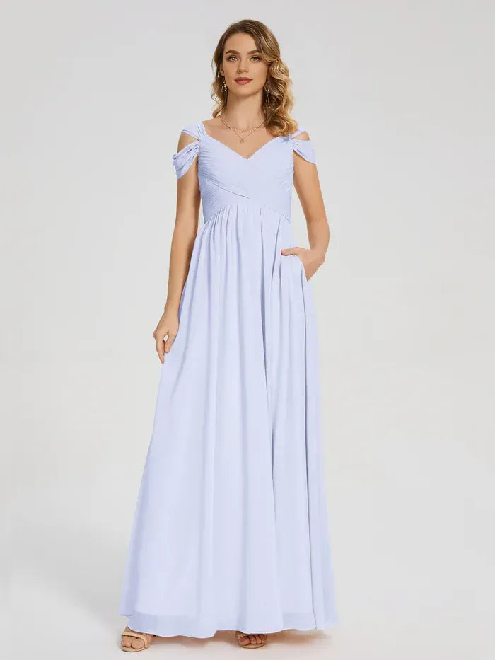 Off The Shoulder Ruched Empire Waist Pocket High Slit A Line Chiffon Long Bridesmaid Dress