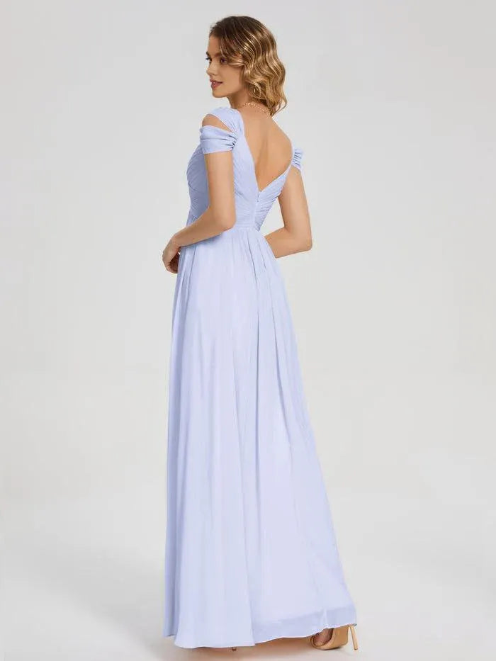 Off The Shoulder Ruched Empire Waist Pocket High Slit A Line Chiffon Long Bridesmaid Dress