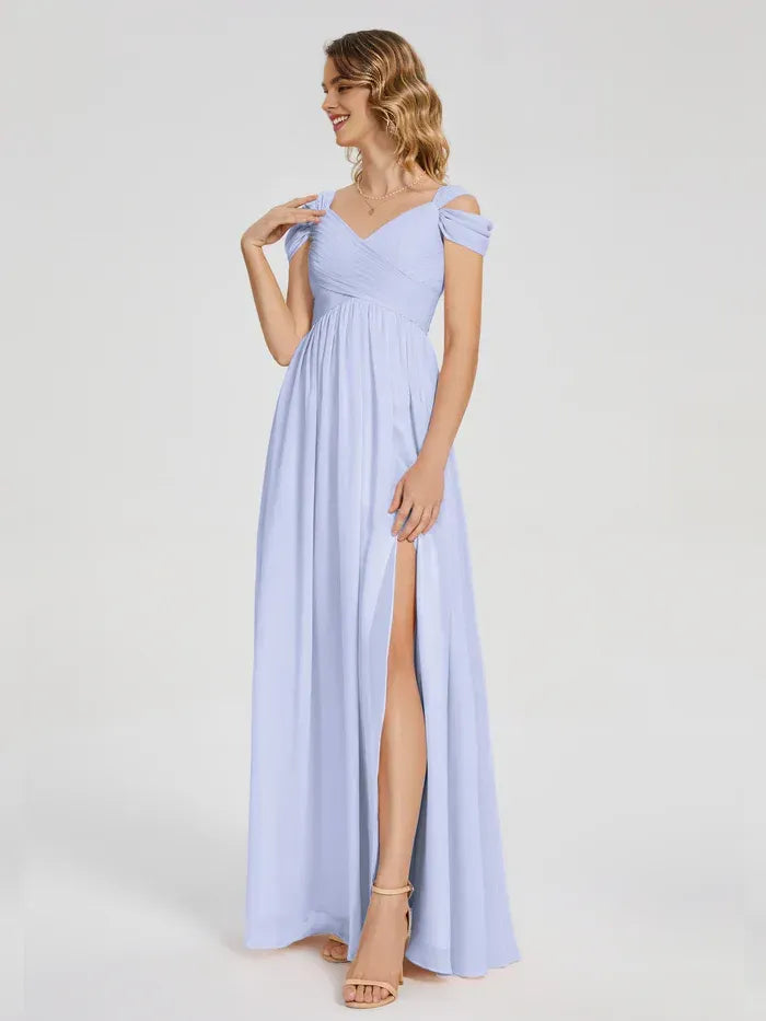 Off The Shoulder Ruched Empire Waist Pocket High Slit A Line Chiffon Long Bridesmaid Dress