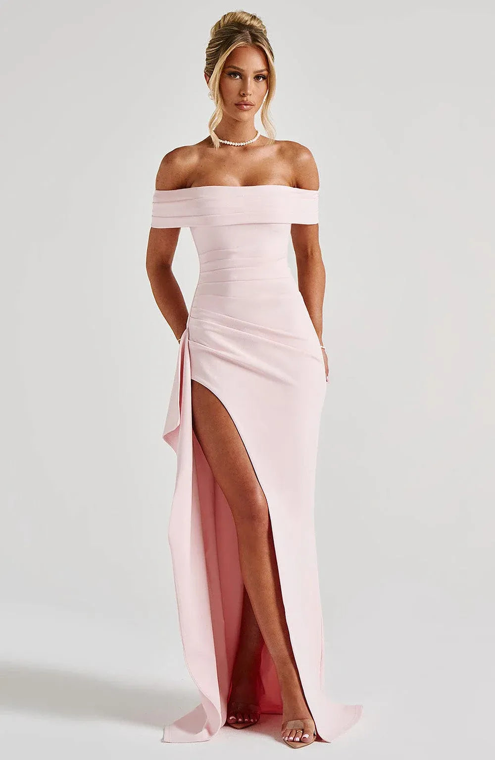 Off The Shoulder Ruched Waist High Slit Ruffle Pale Pink Mermaid Maxi Wedding Guest Dresses