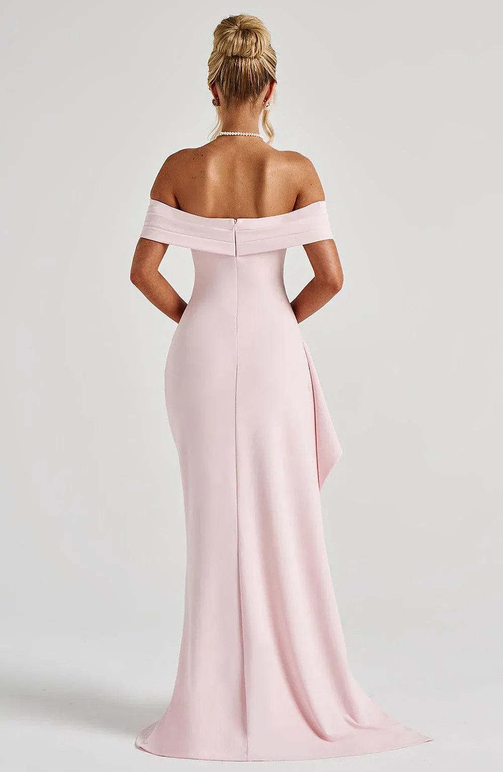 Off The Shoulder Ruched Waist High Slit Ruffle Pale Pink Mermaid Maxi Wedding Guest Dresses