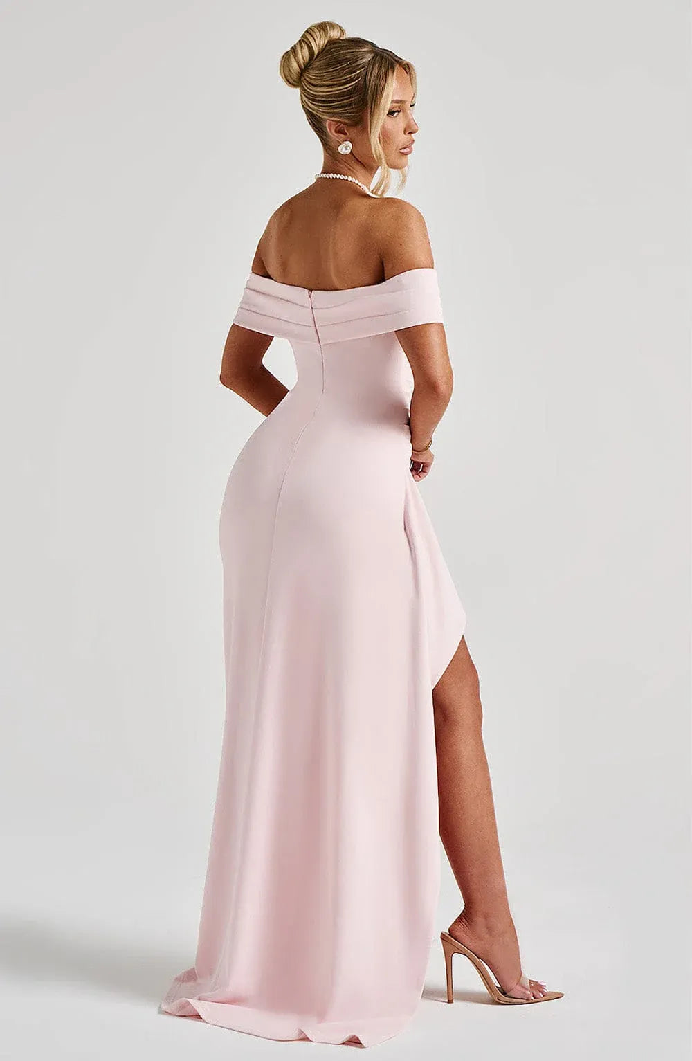 Off The Shoulder Ruched Waist High Slit Ruffle Pale Pink Mermaid Maxi Wedding Guest Dresses