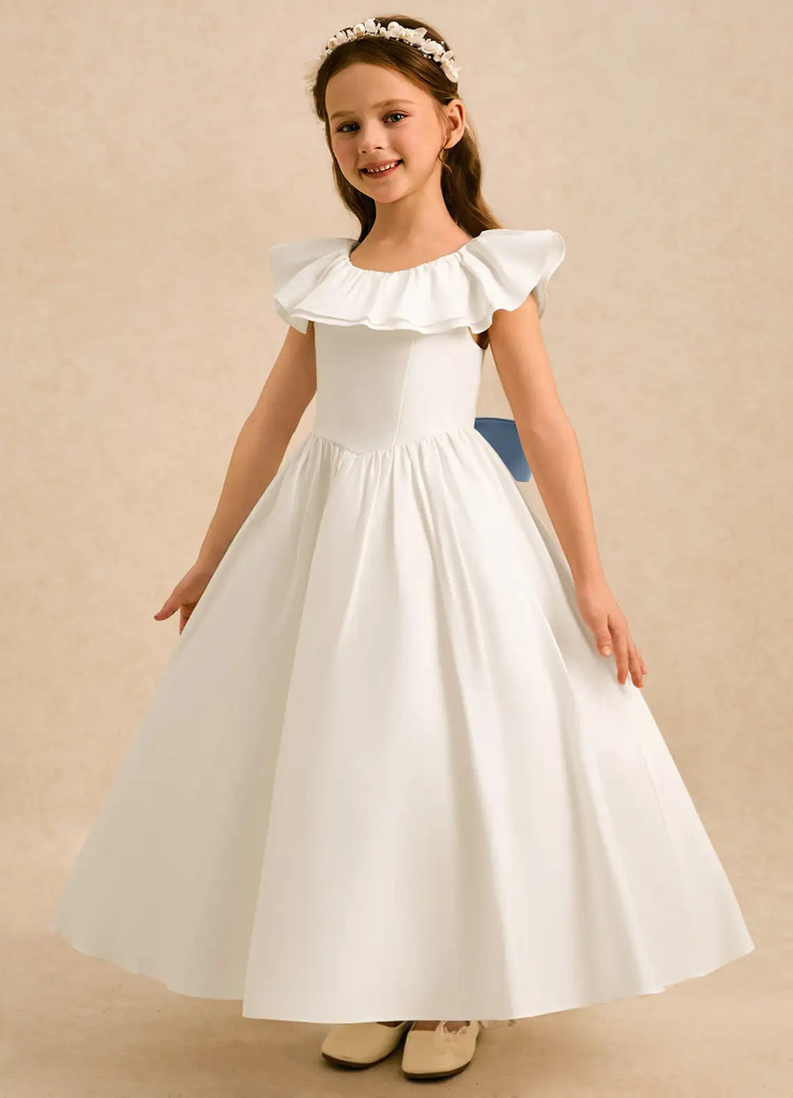 Off The Shoulder Ruffle Neck White Satin Full-Length Flower Girl Dresses with Dusty Blue Back Bow