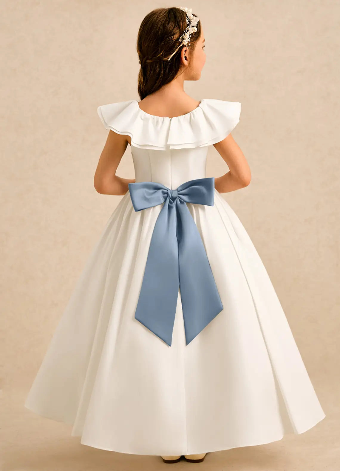 Off The Shoulder Ruffle Neck White Satin Full-Length Flower Girl Dresses with Dusty Blue Back Bow