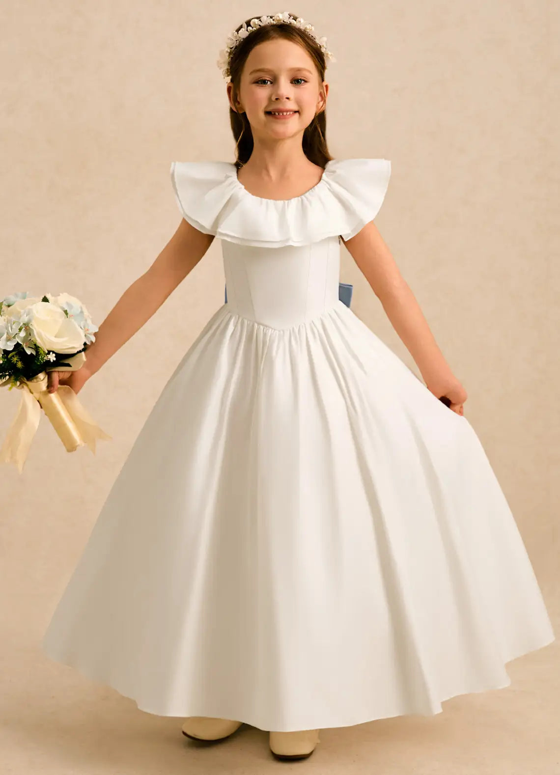 Off The Shoulder Ruffle Neck White Satin Full-Length Flower Girl Dresses with Dusty Blue Back Bow