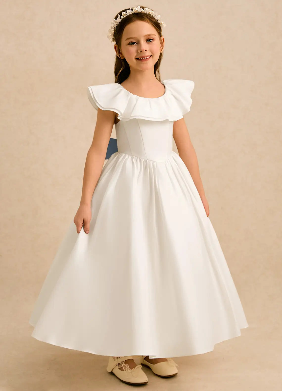 Off The Shoulder Ruffle Neck White Satin Full-Length Flower Girl Dresses with Dusty Blue Back Bow