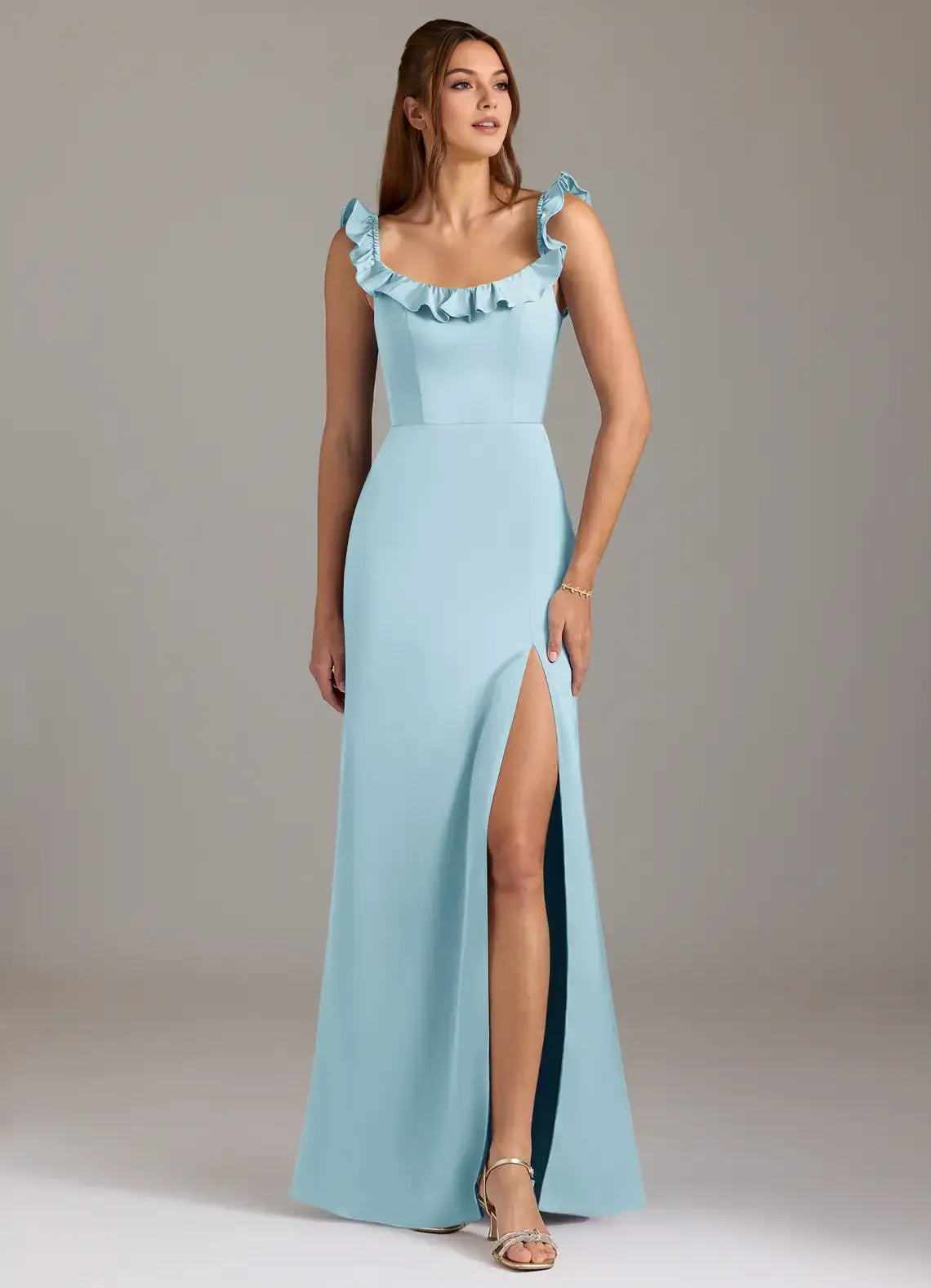Off The Shoulder Ruffle Strap High Slit Mermaid Satin Long Bridesmaid Dress