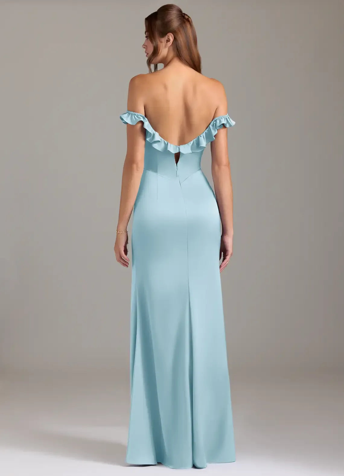 Off The Shoulder Ruffle Strap High Slit Mermaid Satin Long Bridesmaid Dress