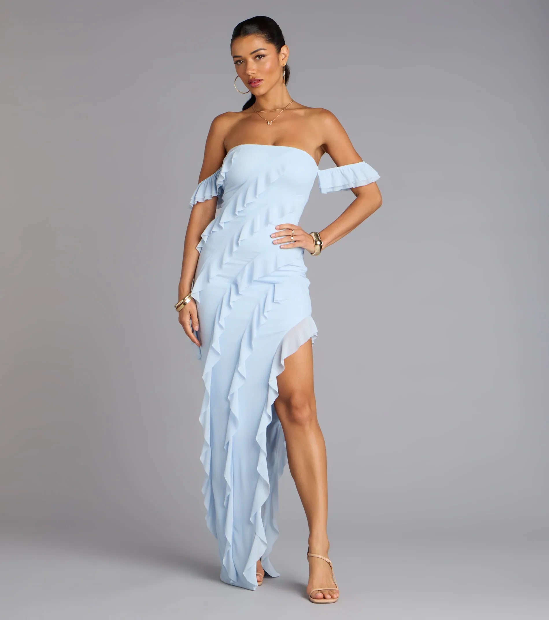 Off-The-Shoulder Ruffled Chiffon Asymmetric High Slit Mermaid Maxi Wedding Guest Dress