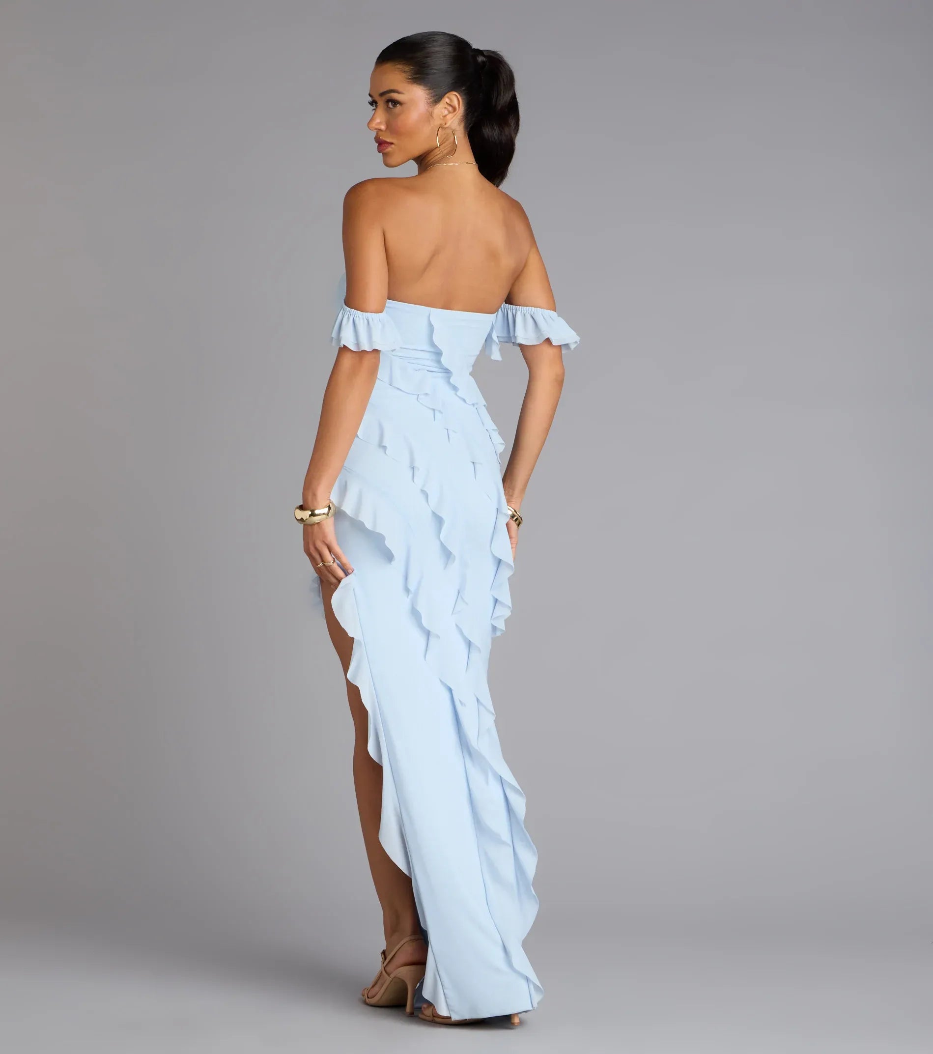 Off-The-Shoulder Ruffled Chiffon Asymmetric High Slit Mermaid Maxi Wedding Guest Dress