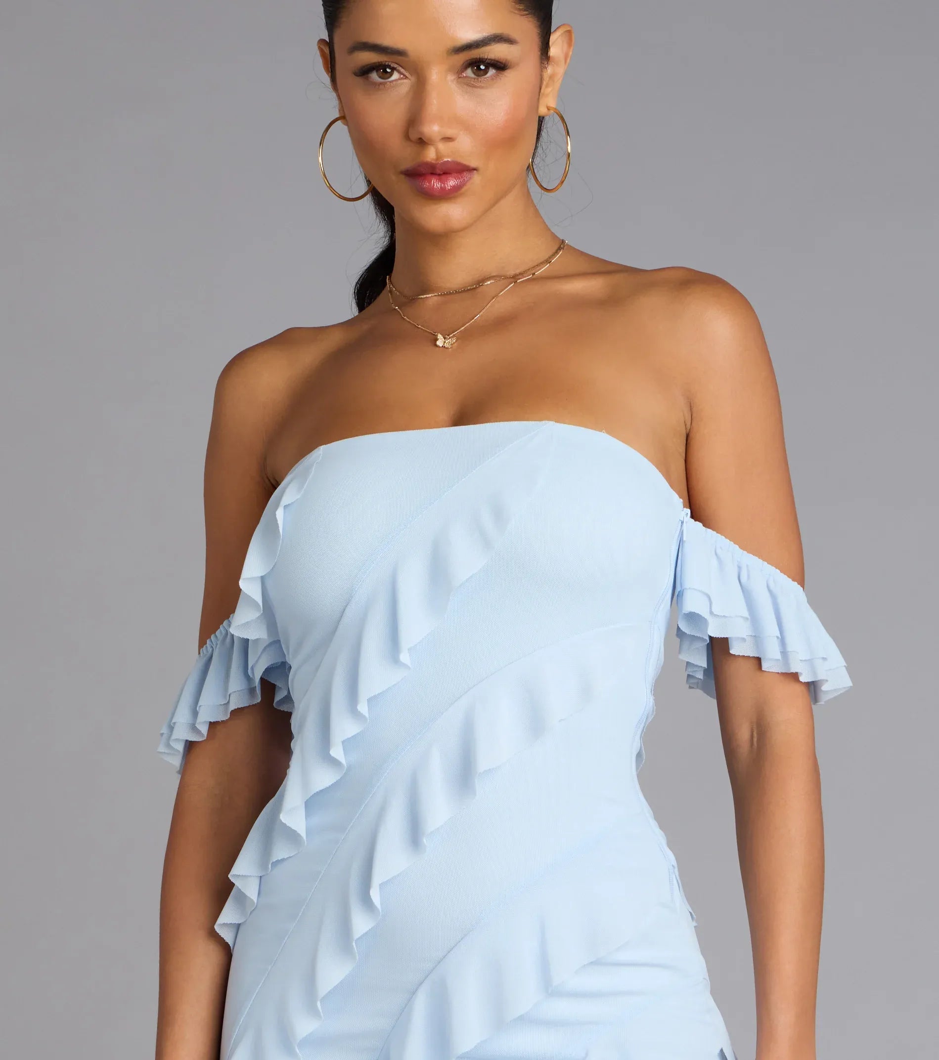 Off-The-Shoulder Ruffled Chiffon Asymmetric High Slit Mermaid Maxi Wedding Guest Dress