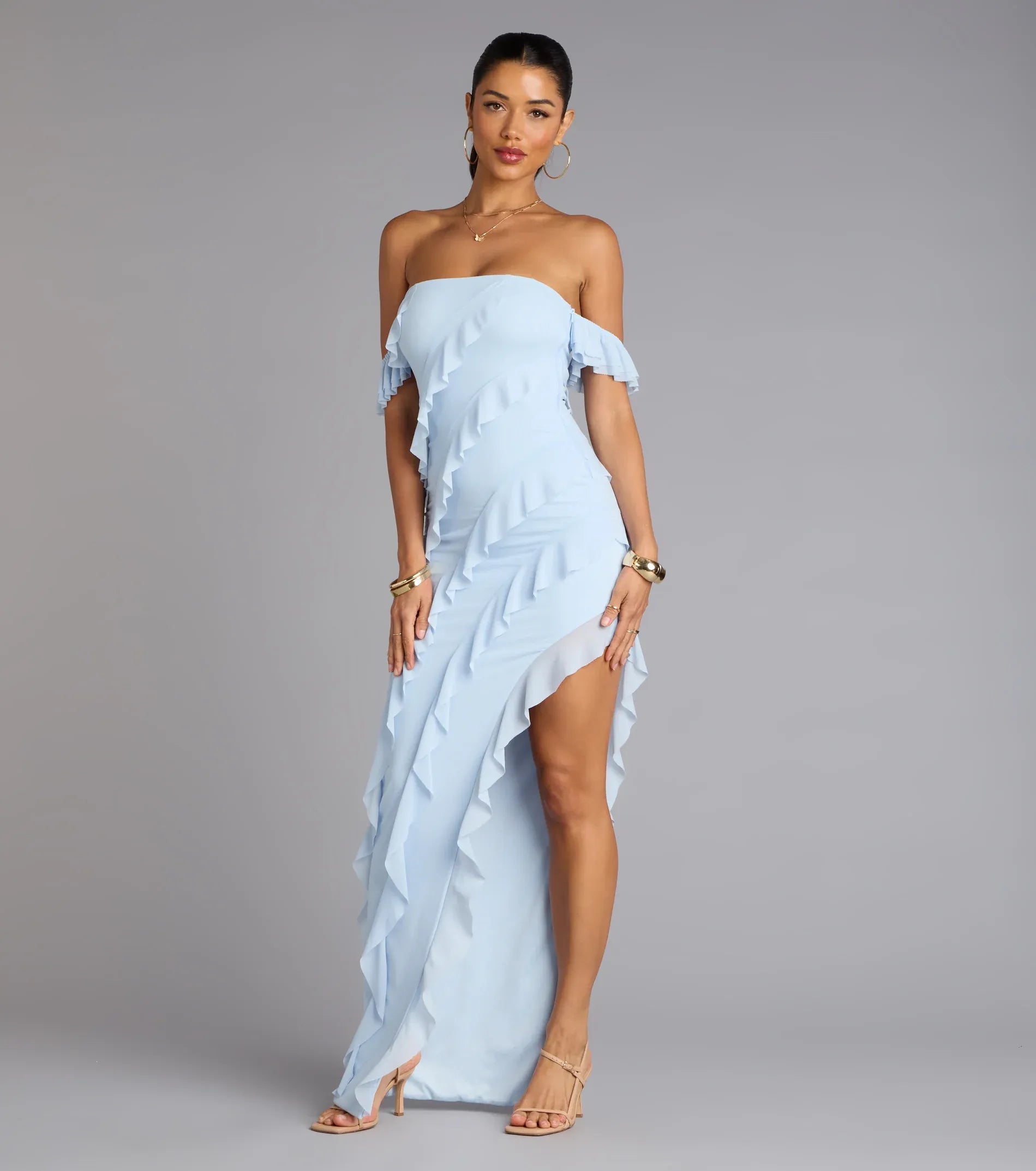 Off-The-Shoulder Ruffled Chiffon Asymmetric High Slit Mermaid Maxi Wedding Guest Dress