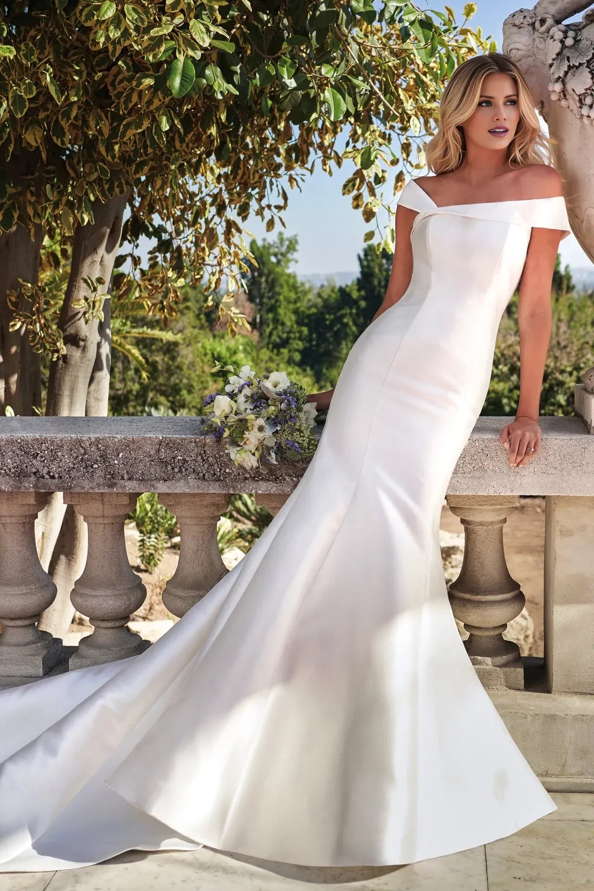Off‑The‑Shoulder Satin Mermaid Wedding Dress With Pearl‑Button‑Back Detail