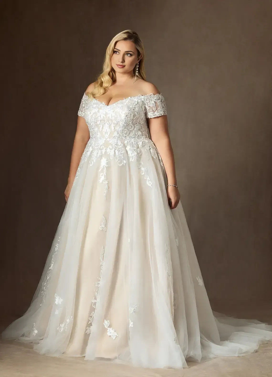 Off The Shoulder Short Lace Sleeve Plus Size Floral Lace Applique Tulle A Line Wedding Dress
