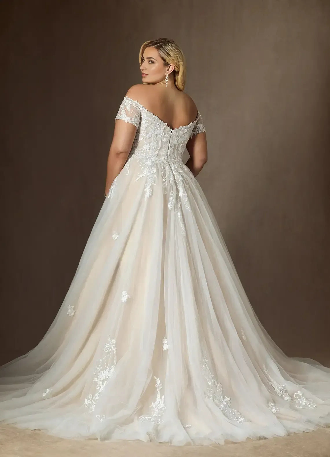 Off The Shoulder Short Lace Sleeve Plus Size Floral Lace Applique Tulle A Line Wedding Dress