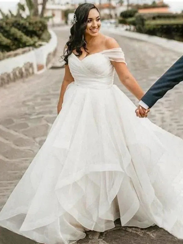 Off The Shoulder Short Sleeve Ruched Bodice Tiered Ruffle Tulle A Line Simple Wedding Dress