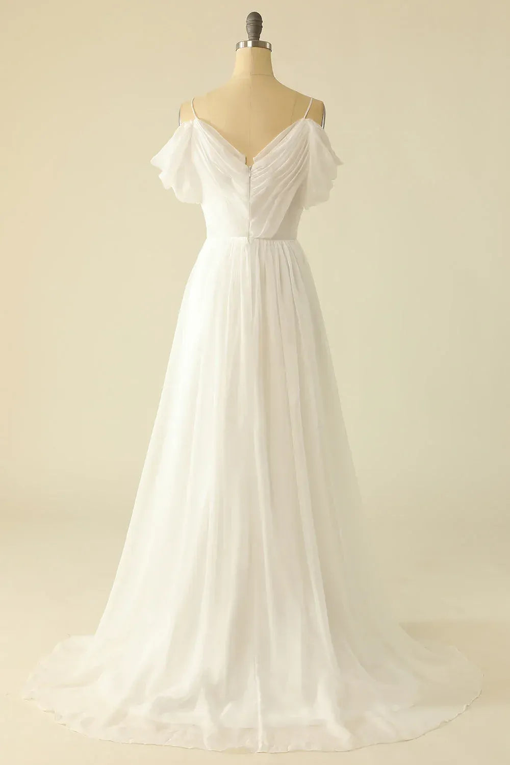 Off The Shoulder Spaghetti Strap Ruched V Neck Chiffon A-Line Wedding Dress With Train