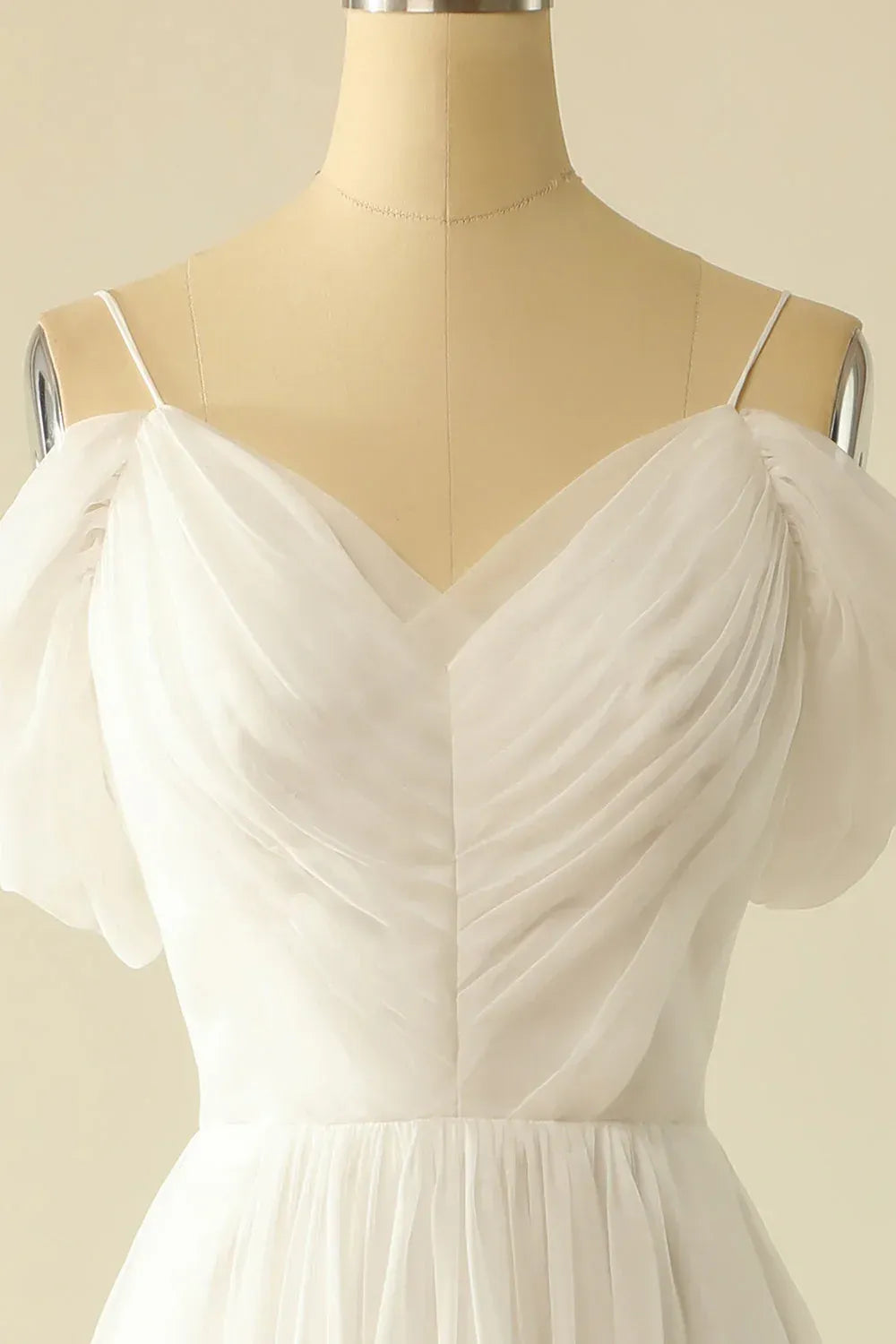 Off The Shoulder Spaghetti Strap Ruched V Neck Chiffon A-Line Wedding Dress With Train