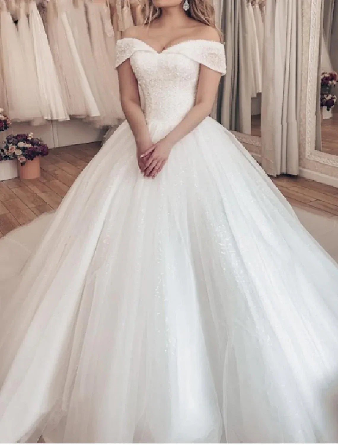 Off The Shoulder Sparkly Beaded Tulle Ball Gown Wedding Dress Corset Back Flowing Chapel Train