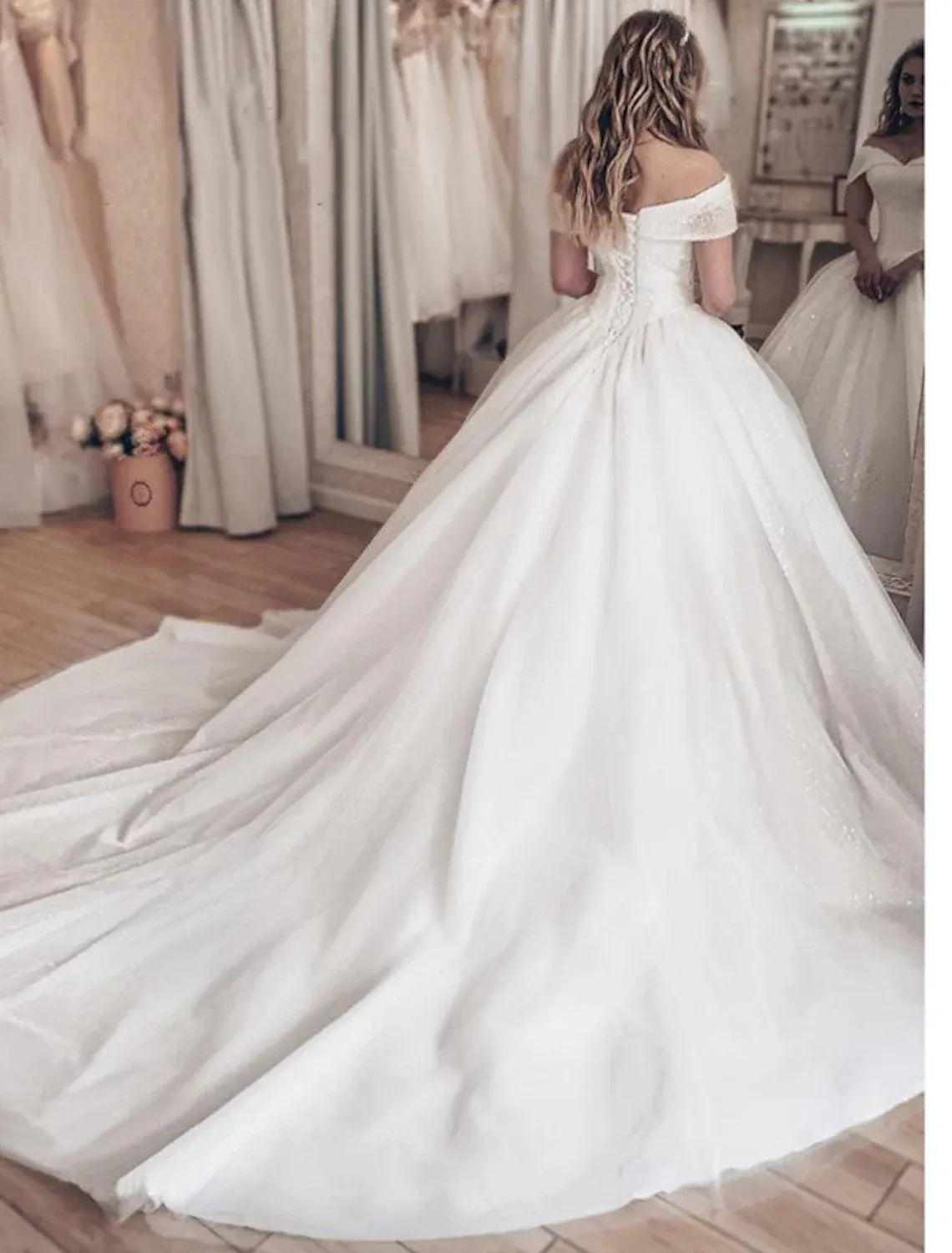 Off The Shoulder Sparkly Beaded Tulle Ball Gown Wedding Dress Corset Back Flowing Chapel Train