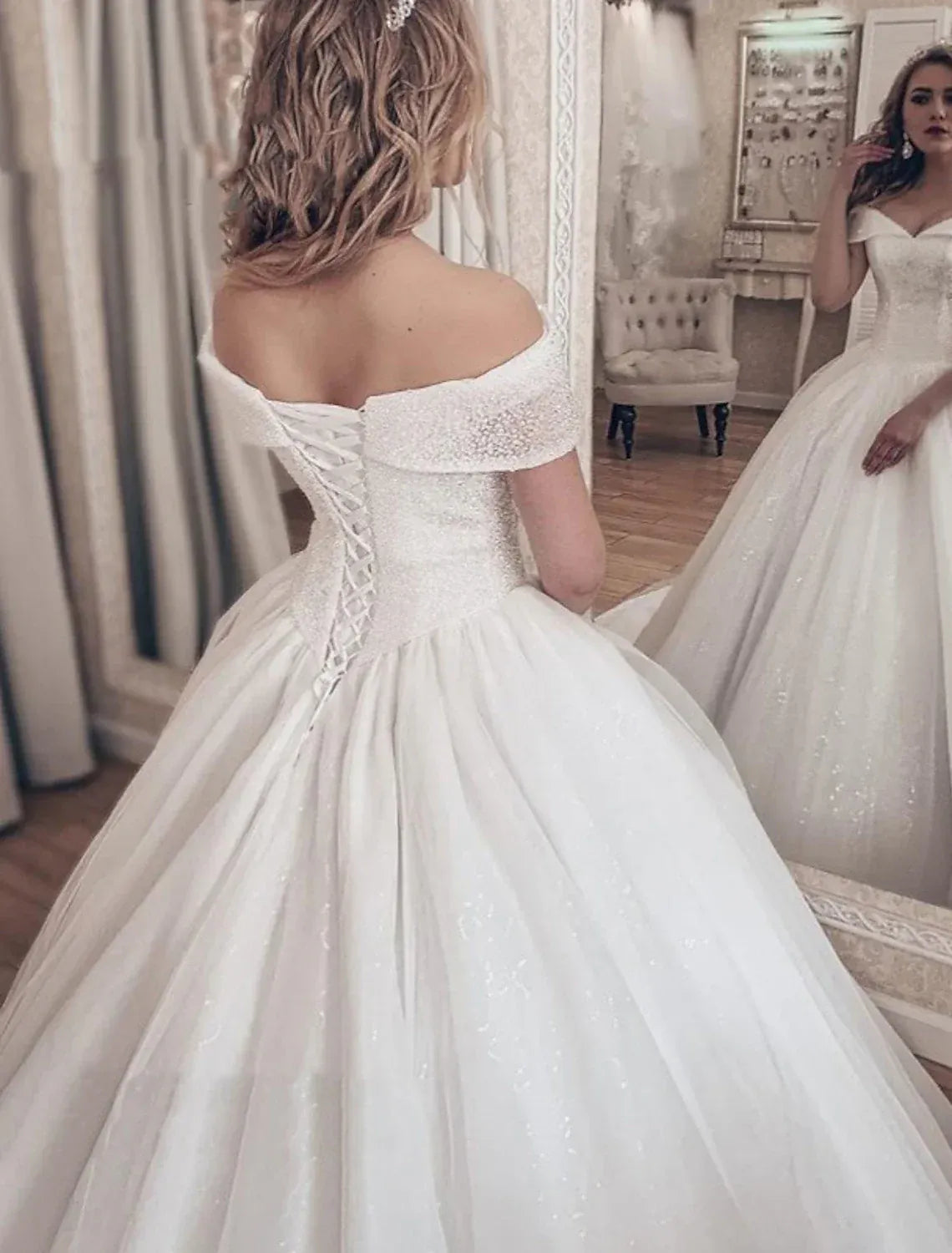 Off The Shoulder Sparkly Beaded Tulle Ball Gown Wedding Dress Corset Back Flowing Chapel Train