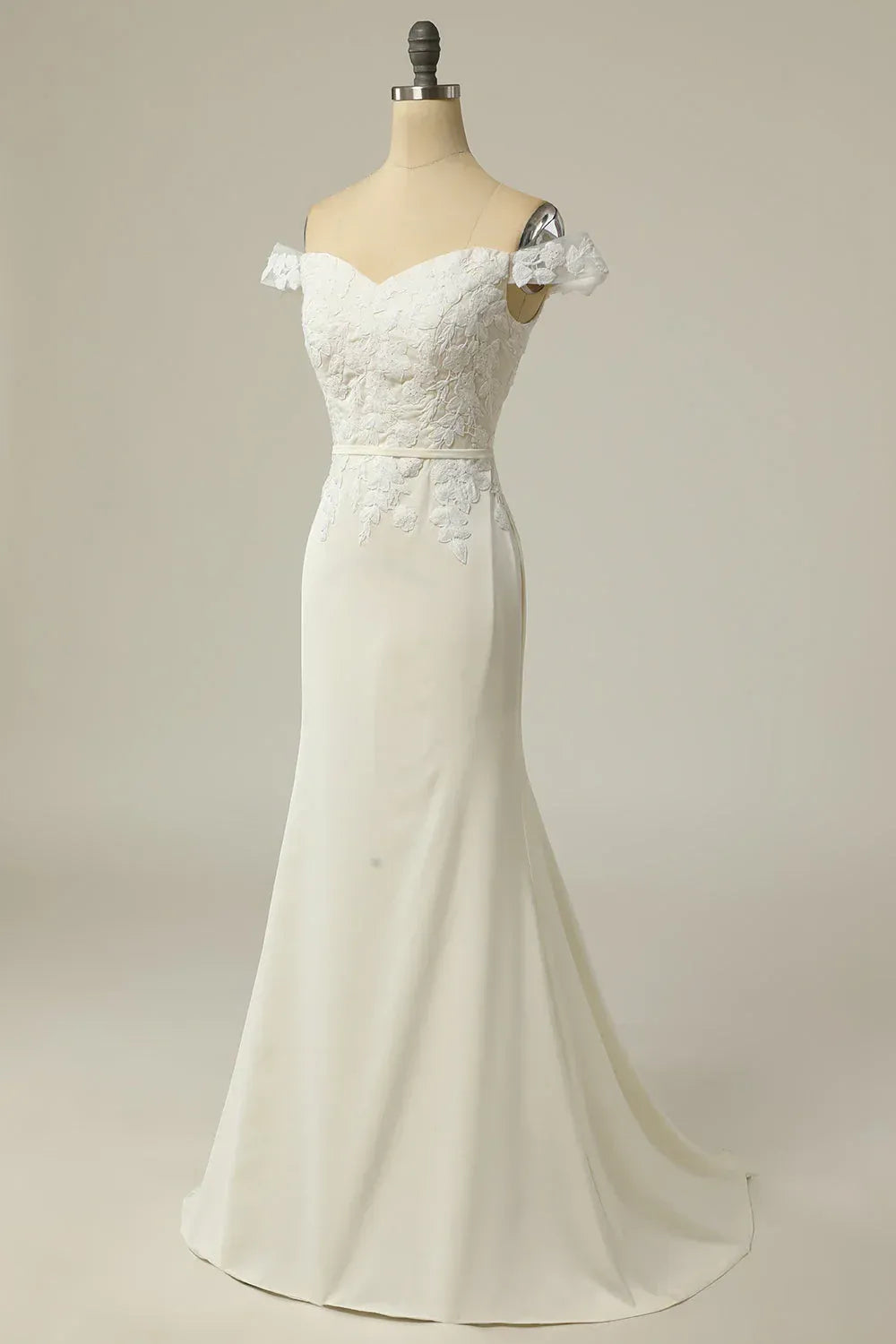 Off The Shoulder Sweetheart Floral Lace Satin Mermaid Wedding Dress With Train