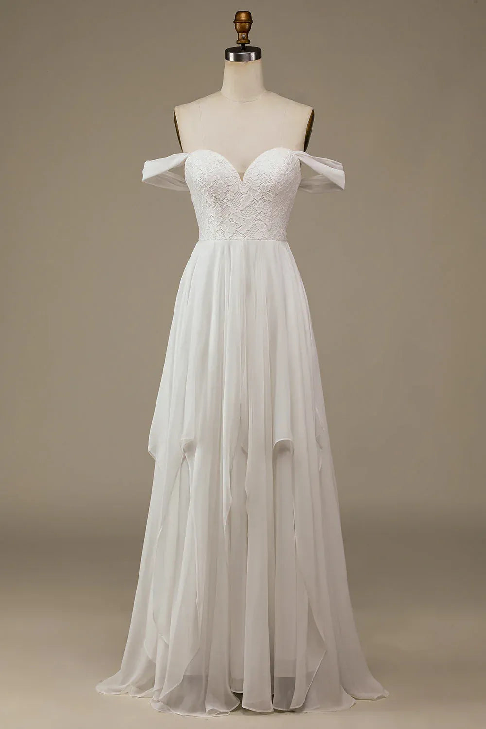 Off The Shoulder Sweetheart Lace Bodice Ruffle Chiffon A-Line Wedding Dress With Train