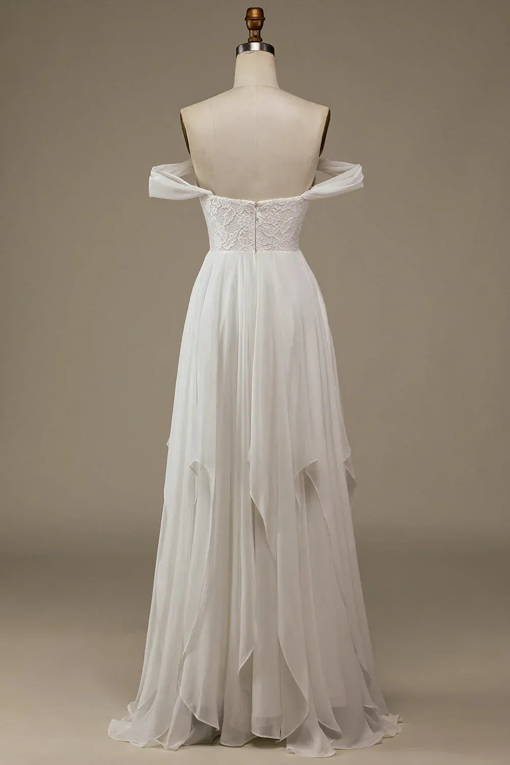 Off The Shoulder Sweetheart Lace Bodice Ruffle Chiffon A-Line Wedding Dress With Train