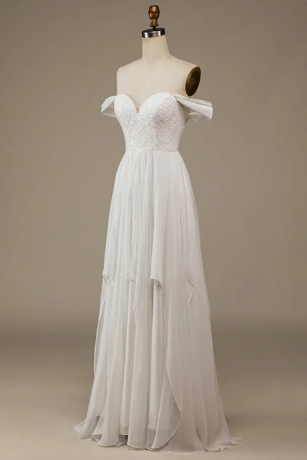 Off The Shoulder Sweetheart Lace Bodice Ruffle Chiffon A-Line Wedding Dress With Train