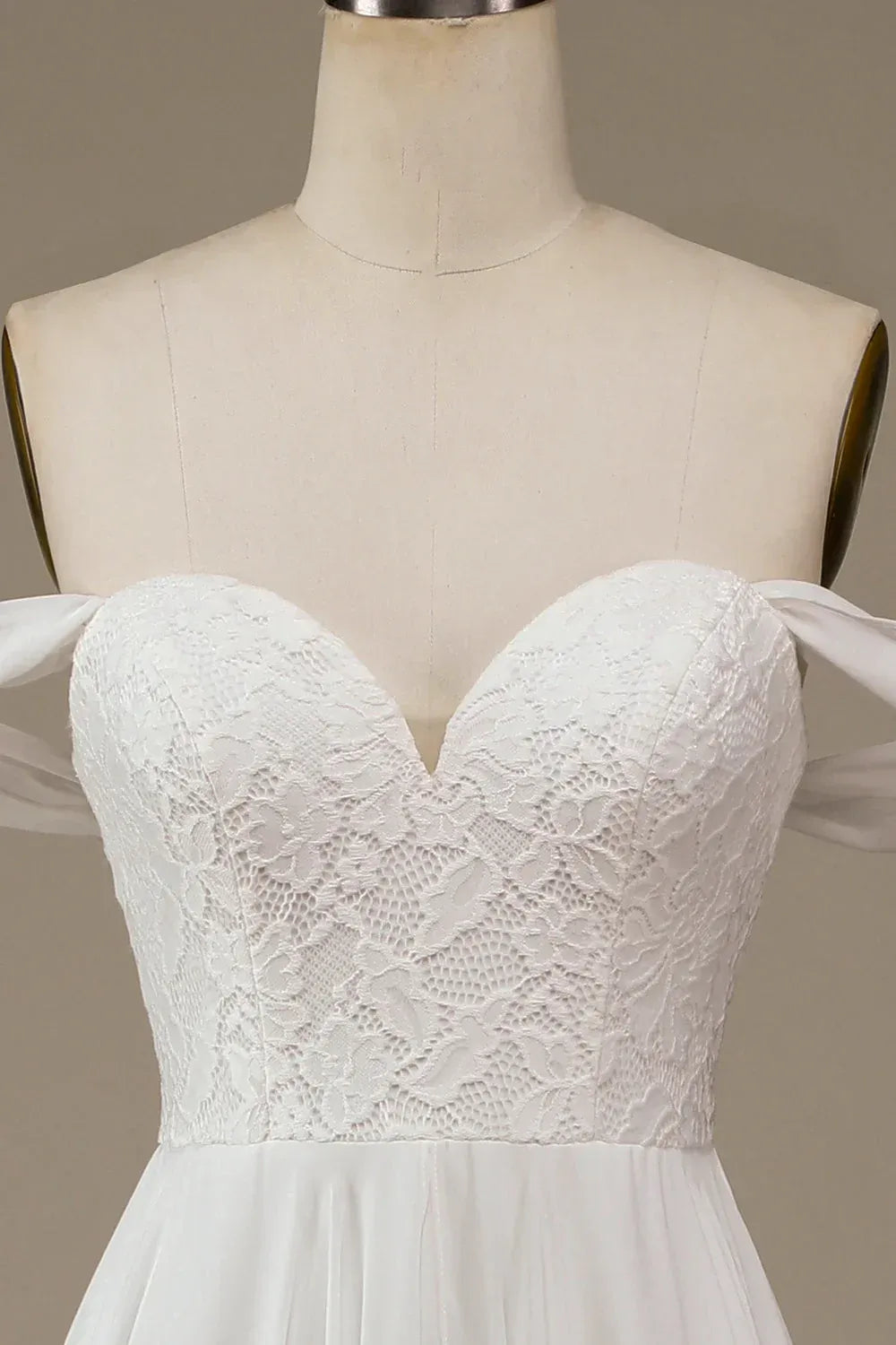Off The Shoulder Sweetheart Lace Bodice Ruffle Chiffon A-Line Wedding Dress With Train