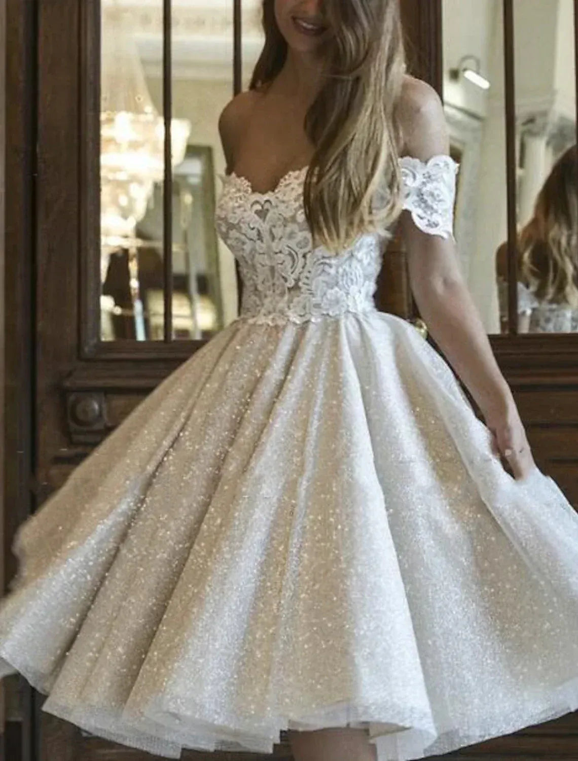 Off The Shoulder Sweetheart Lace Short Glitter Tulle A-Line Wedding Dress Corset Back