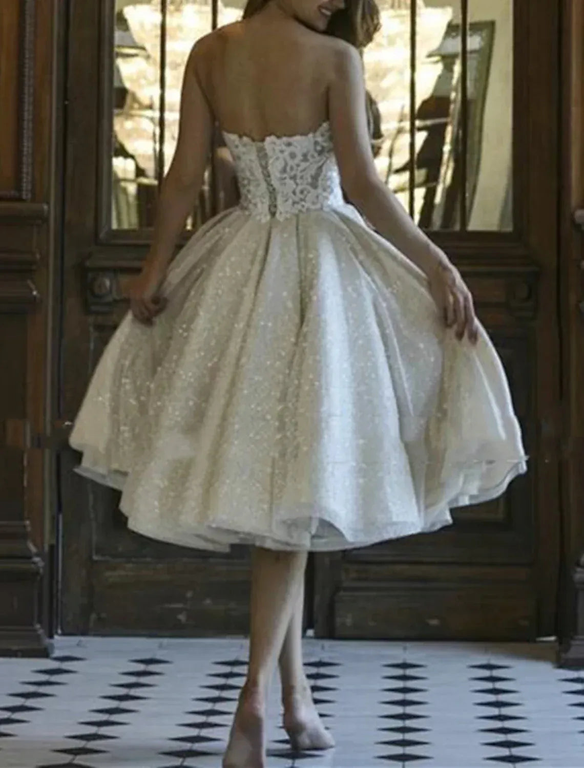 Off The Shoulder Sweetheart Lace Short Glitter Tulle A-Line Wedding Dress Corset Back