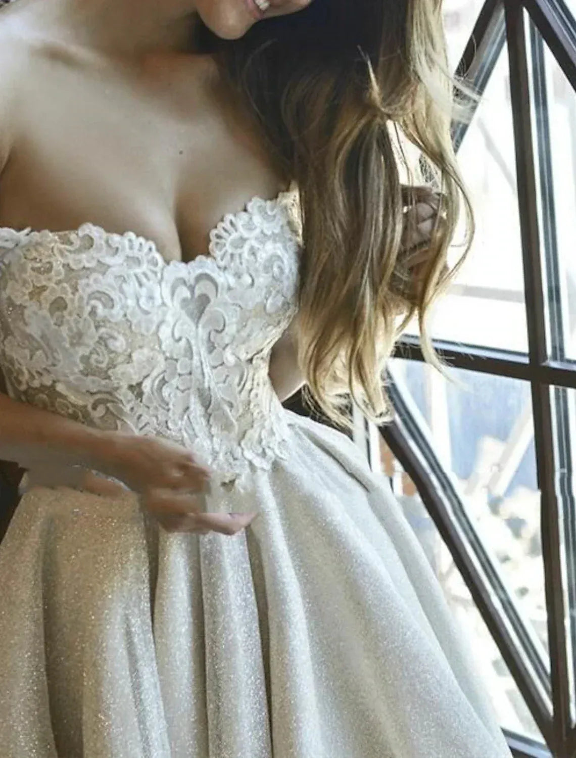 Off The Shoulder Sweetheart Lace Short Glitter Tulle A-Line Wedding Dress Corset Back