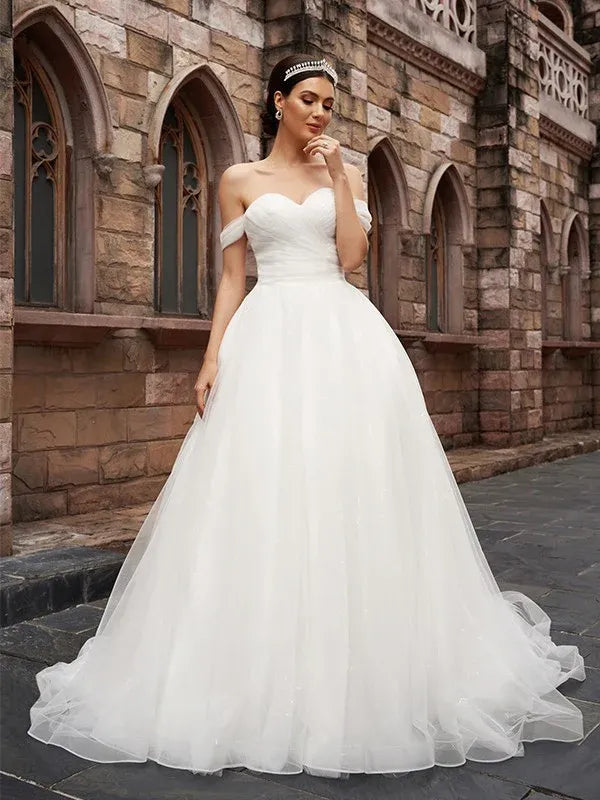 Off‑The‑Shoulder Sweetheart‑Neck Sparkle‑Tulle Ball‑Gown Wedding Dress With Sweep Train