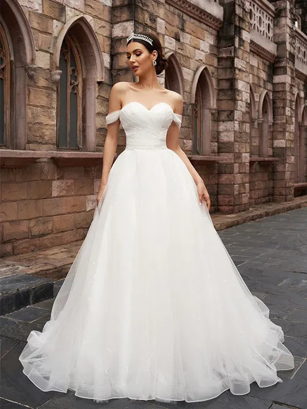 Off‑The‑Shoulder Sweetheart‑Neck Sparkle‑Tulle Ball‑Gown Wedding Dress With Sweep Train