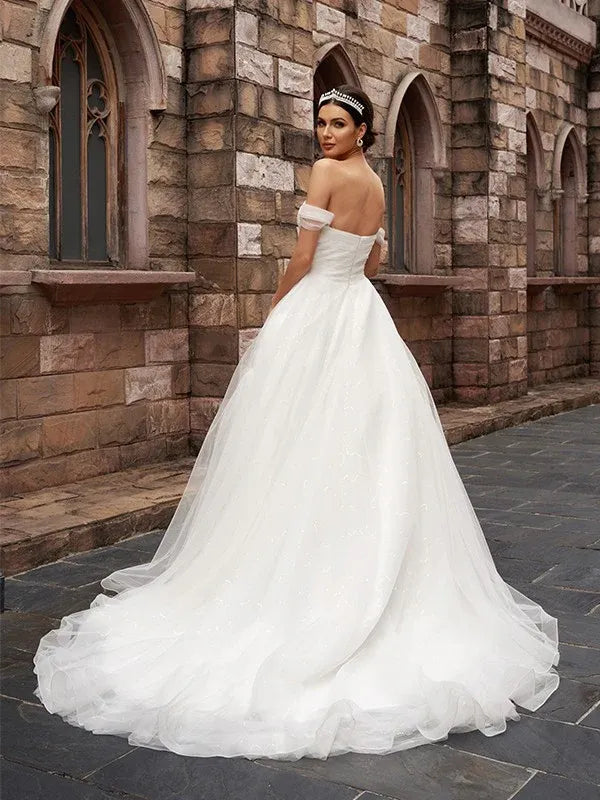 Off‑The‑Shoulder Sweetheart‑Neck Sparkle‑Tulle Ball‑Gown Wedding Dress With Sweep Train