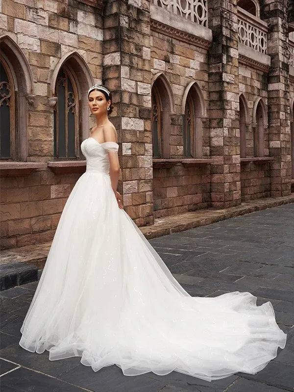 Off‑The‑Shoulder Sweetheart‑Neck Sparkle‑Tulle Ball‑Gown Wedding Dress With Sweep Train