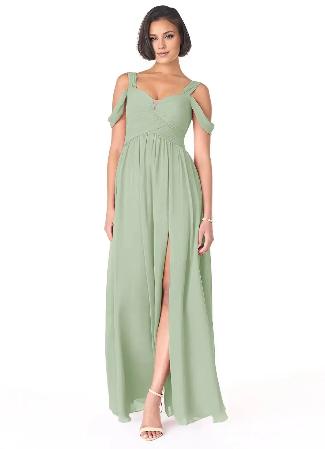 Off The Shoulder Sweetheart Ruched Waist High Slit Chiffon Long Bridesmaid Dress